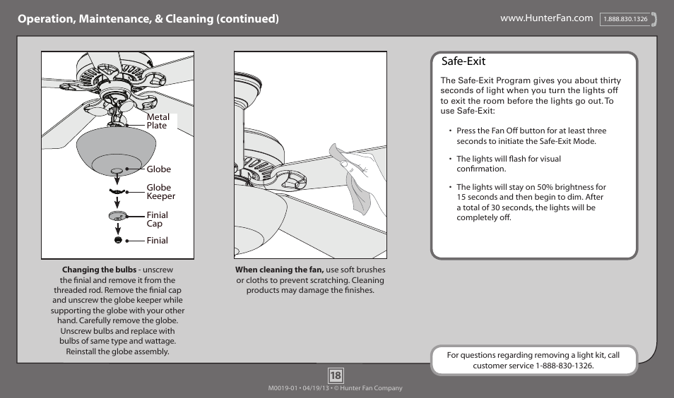 Operation, maintenance, & cleaning (continued), Safe-exit | Hunter 53032 52 Fairhaven User Manual | Page 18 / 19