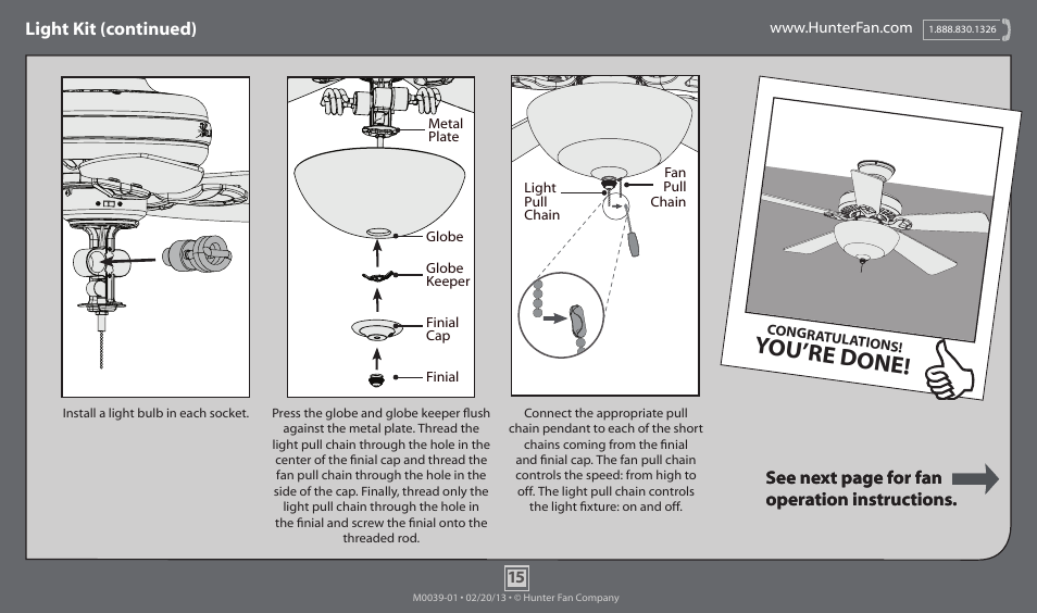 You’re done, See next page for fan operation instructions | Hunter 53229 52 Grandview User Manual | Page 15 / 17