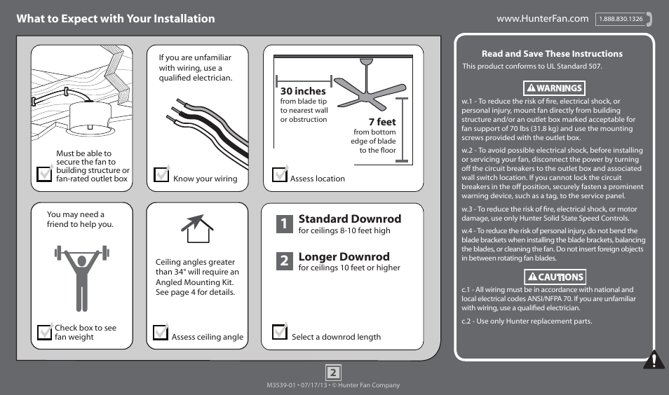 What to expect with your installation, Standard downrod, Longer downrod | Hunter 59010 52 Domino User Manual | Page 2 / 18