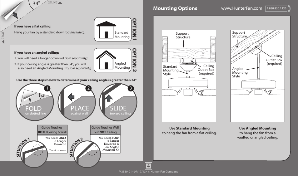 Slide, Place, Fold | Option 1, Option 2, Mounting options | Hunter 59010 52 Domino User Manual | Page 4 / 18