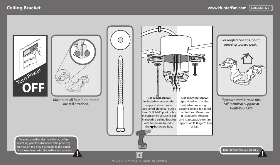 Turn p ow er, Ceiling bracket | Hunter 59010 52 Domino User Manual | Page 5 / 18