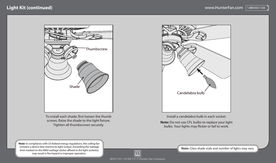 Light kit (continued) | Hunter 59514 52 Cornelius User Manual | Page 15 / 18