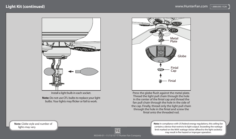 Light kit (continued) | Hunter 59539 52 Hazelwood User Manual | Page 15 / 18