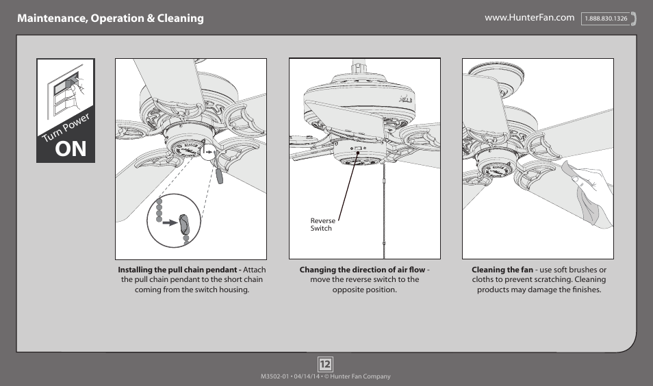 Maintenance, operation & cleaning | Hunter 59515 52 Five Minute Fan User Manual | Page 12 / 13