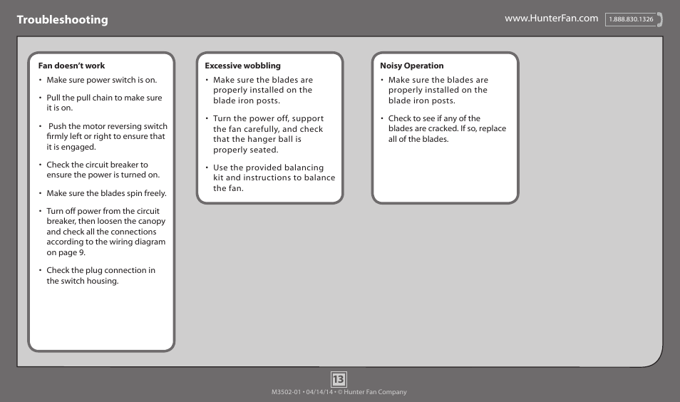 Troubleshooting | Hunter 59515 52 Five Minute Fan User Manual | Page 13 / 13