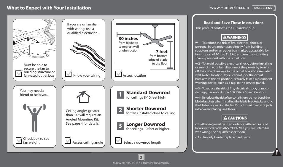 What to expect with your installation, Standard downrod, Shorter downrod | Longer downrod | Hunter 59515 52 Five Minute Fan User Manual | Page 2 / 13