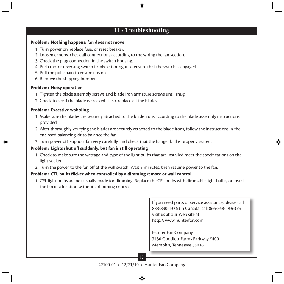 11 • troubleshooting | Hunter 28713 52 Highbury User Manual | Page 17 / 17