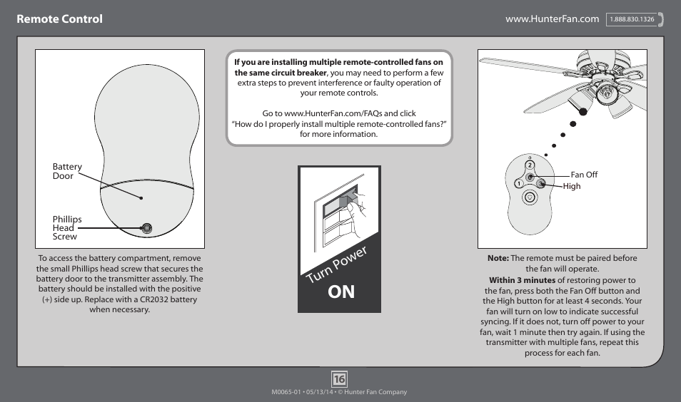 Turn p ow er, Remote control | Hunter 52005 52 Highbury User Manual | Page 16 / 20