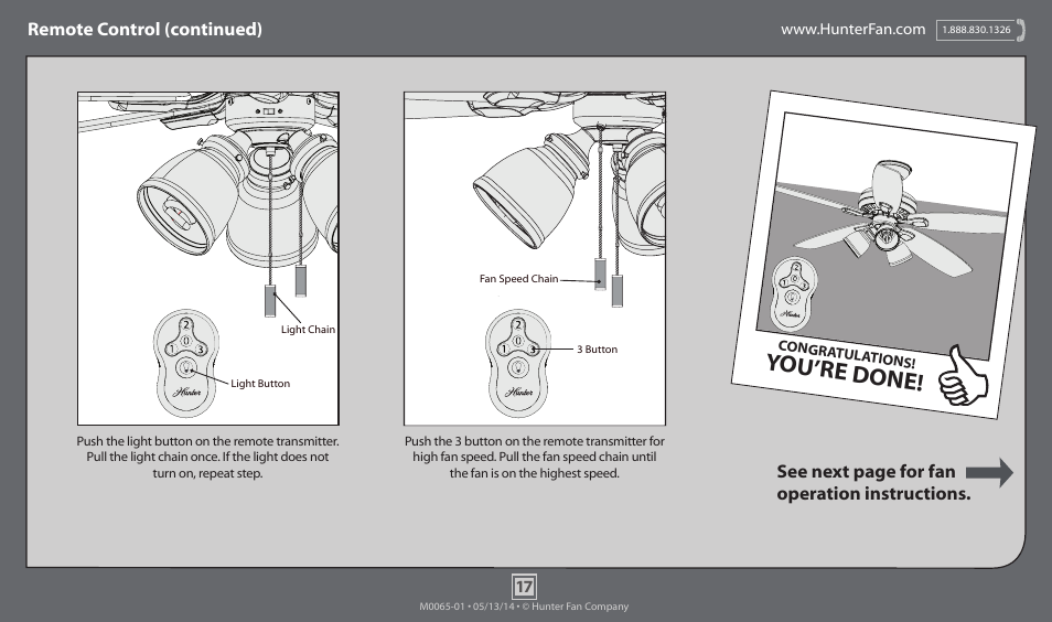 You’re done, Remote control (continued), See next page for fan operation instructions | Hunter 52005 52 Highbury User Manual | Page 17 / 20