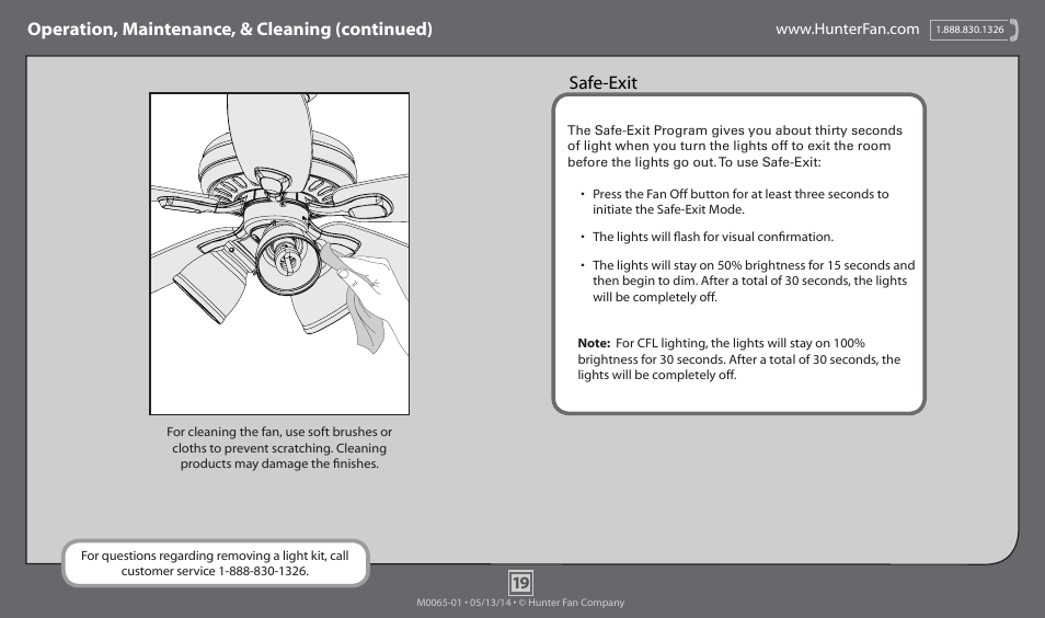 Operation, maintenance, & cleaning (continued), Safe-exit | Hunter 52005 52 Highbury User Manual | Page 19 / 20