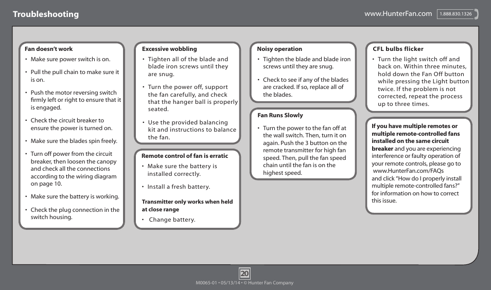 Troubleshooting | Hunter 52005 52 Highbury User Manual | Page 20 / 20