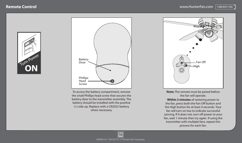 Remote control, Turn p ow er | Hunter 52007 52 Highbury User Manual | Page 16 / 20