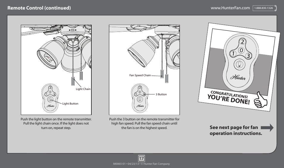 You’re done, Remote control (continued), See next page for fan operation instructions | Hunter 52007 52 Highbury User Manual | Page 17 / 20