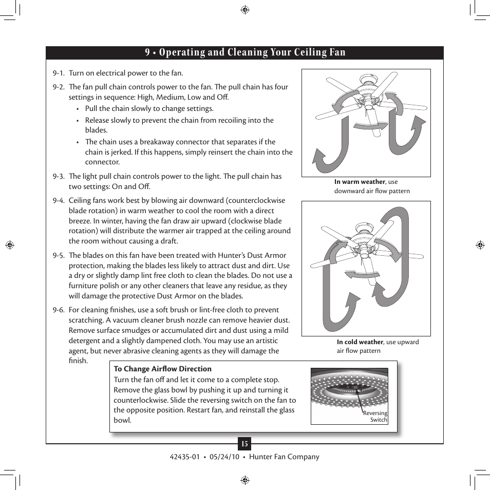 9 • operating and cleaning your ceiling fan | Hunter 28671 52 Infiniti User Manual | Page 15 / 16