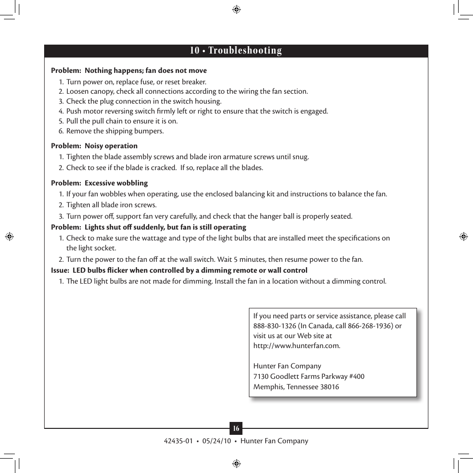 10 • troubleshooting | Hunter 28671 52 Infiniti User Manual | Page 16 / 16