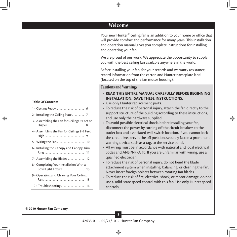 Welcome, Cautions and warnings | Hunter 28671 52 Infiniti User Manual | Page 2 / 16
