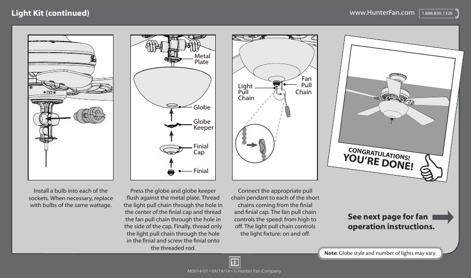 You’re done, Light kit (continued), See next page for fan operation instructions | Hunter 53006 52 Insignia User Manual | Page 13 / 15