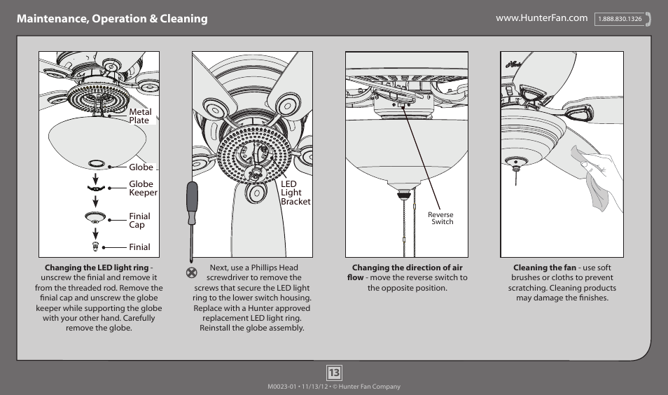 Maintenance, operation & cleaning | Hunter 59002 52 Low Profile LED User Manual | Page 13 / 14