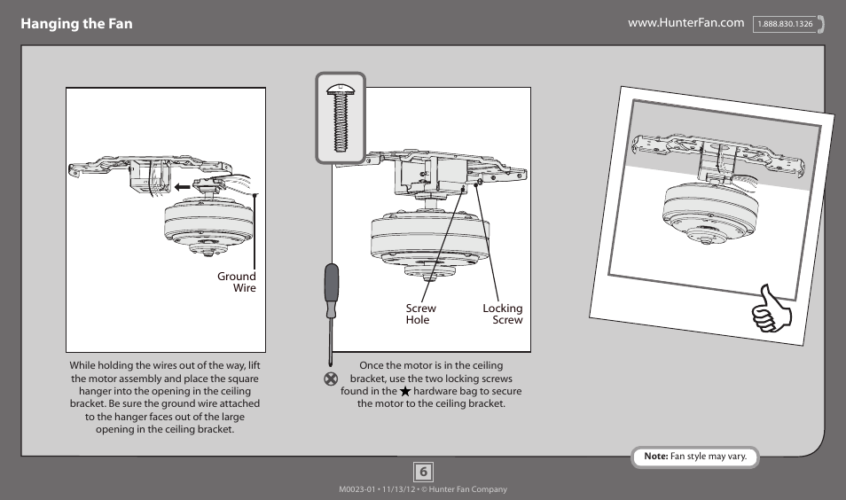 Hanging the fan | Hunter 59002 52 Low Profile LED User Manual | Page 6 / 14