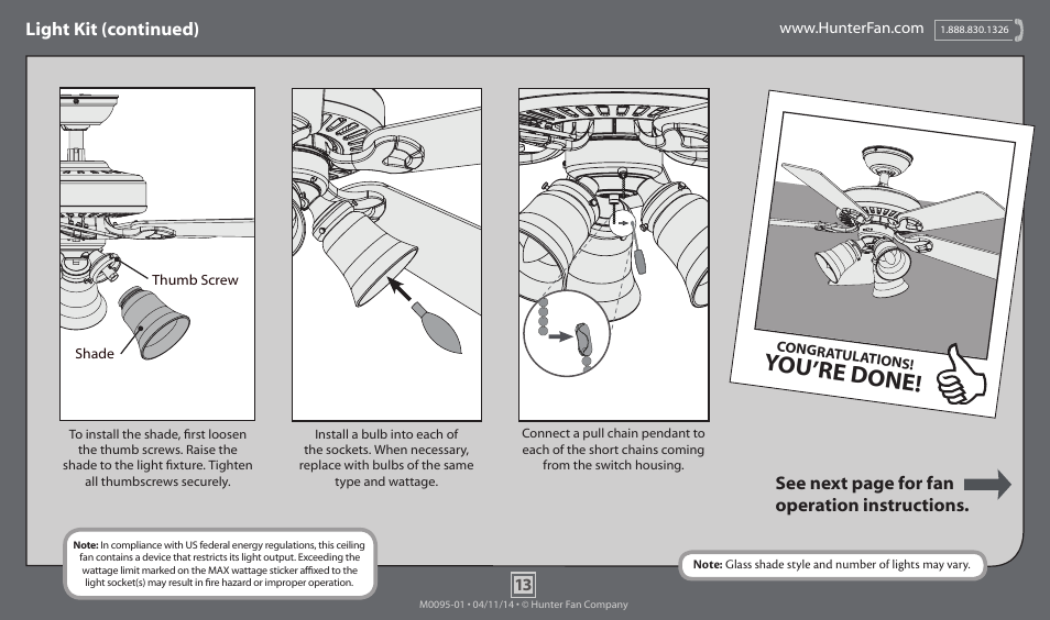You’re done, Light kit (continued), See next page for fan operation instructions | Hunter 52112 52 Linden User Manual | Page 13 / 15