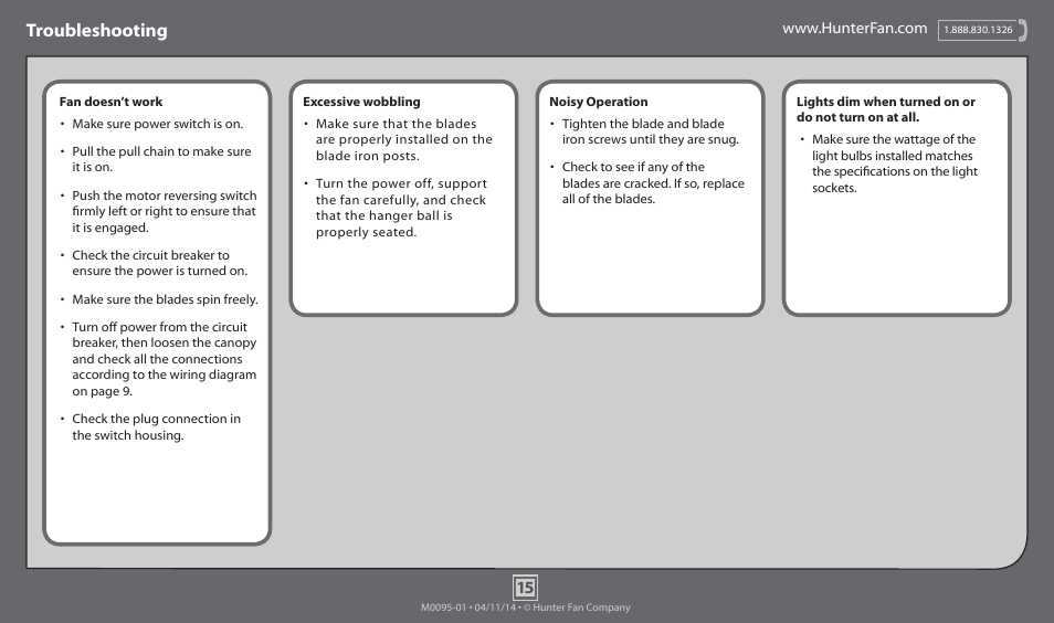 Troubleshooting | Hunter 52112 52 Linden User Manual | Page 15 / 15