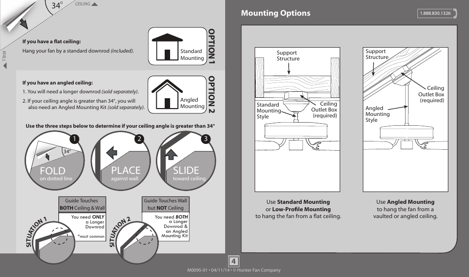 Slide, Place, Fold | Option 1, Option 2, Mounting options | Hunter 52112 52 Linden User Manual | Page 4 / 15