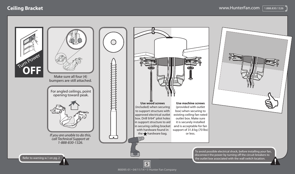 Ceiling bracket, Turn p ow er | Hunter 52112 52 Linden User Manual | Page 5 / 15