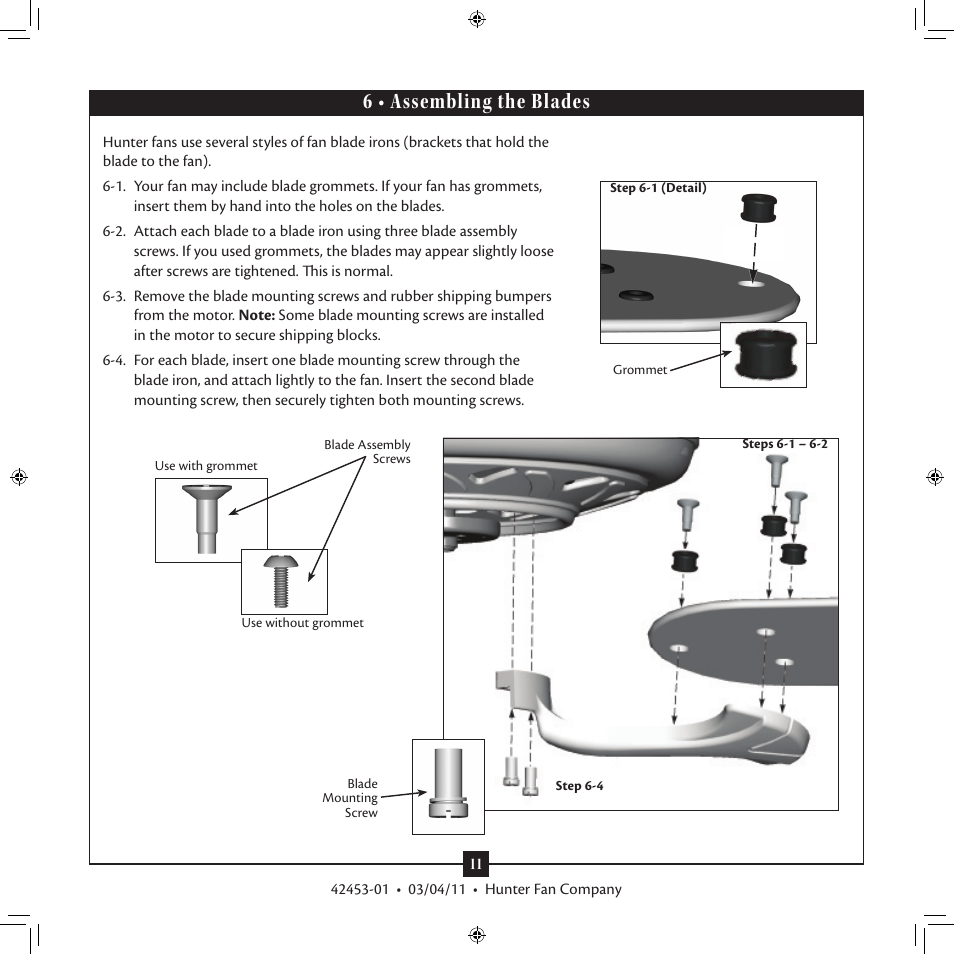 6 • assembling the blades | Hunter 20177 52 Kensington User Manual | Page 11 / 17