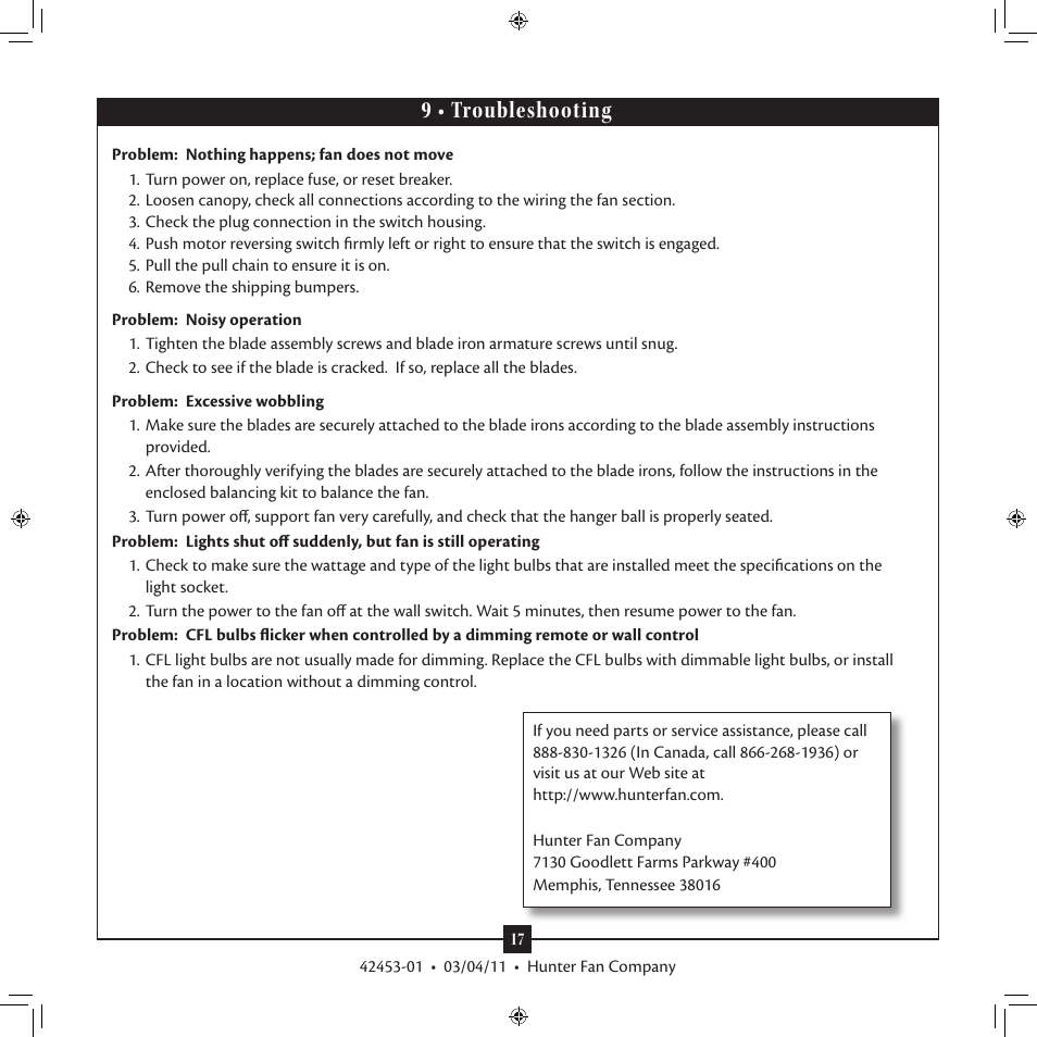9 • troubleshooting | Hunter 20177 52 Kensington User Manual | Page 17 / 17