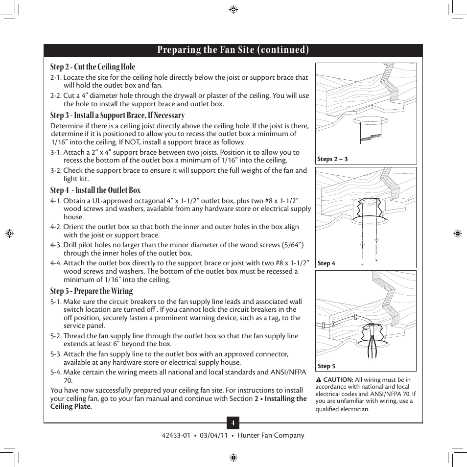 Preparing the fan site (continued), Step 2 - cut the ceiling hole, Step 3 - install a support brace, if necessary | Step 4 - install the outlet box, Step 5 - prepare the wiring | Hunter 20177 52 Kensington User Manual | Page 4 / 17
