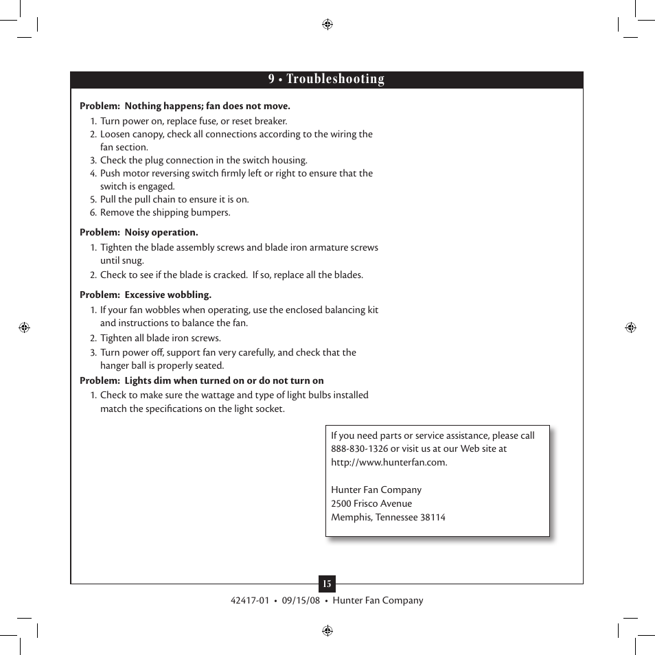 9 • troubleshooting | Hunter 20177 52 Kensington User Manual | Page 15 / 15