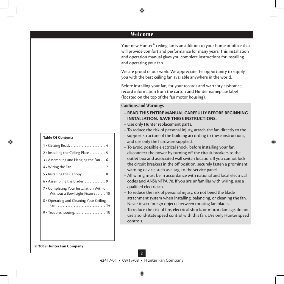 Welcome, Cautions and warnings | Hunter 20177 52 Kensington User Manual | Page 2 / 15