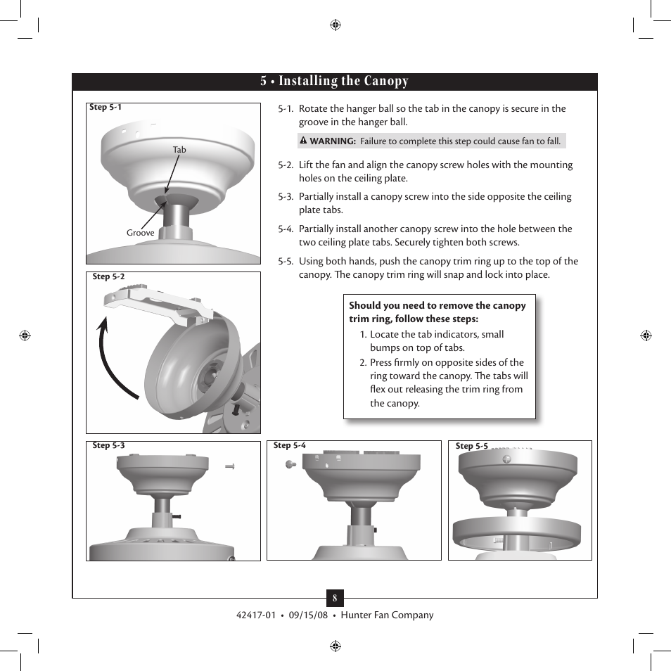 5 • installing the canopy | Hunter 20177 52 Kensington User Manual | Page 8 / 15
