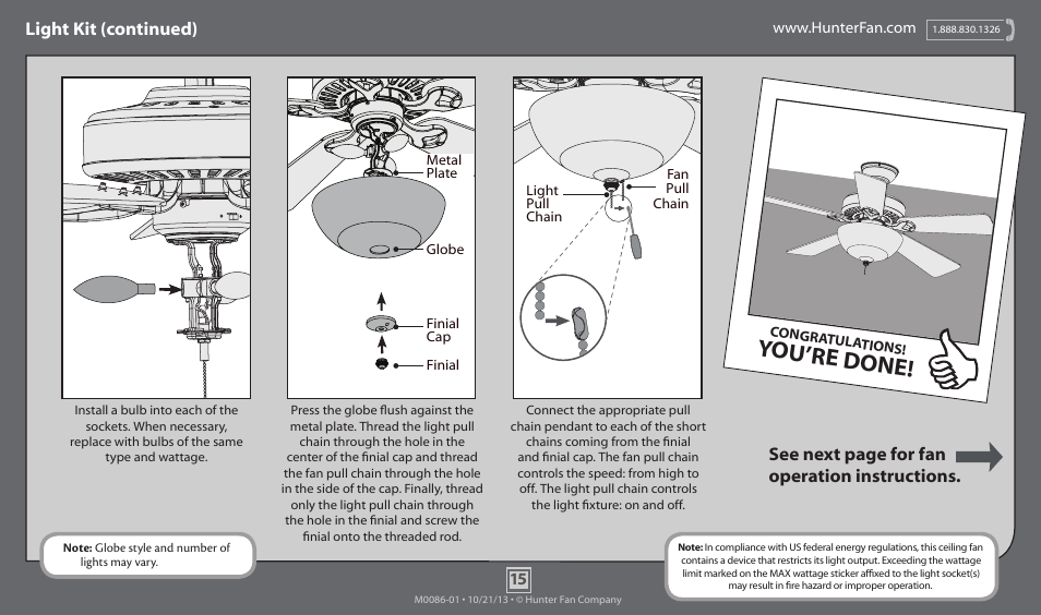 You’re done, Light kit (continued), See next page for fan operation instructions | Hunter 53278 52 Mainstone User Manual | Page 15 / 17