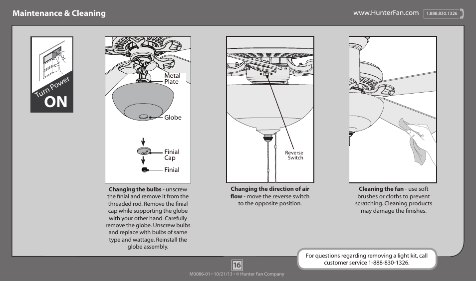 Maintenance & cleaning, Turn p ow er | Hunter 53278 52 Mainstone User Manual | Page 16 / 17