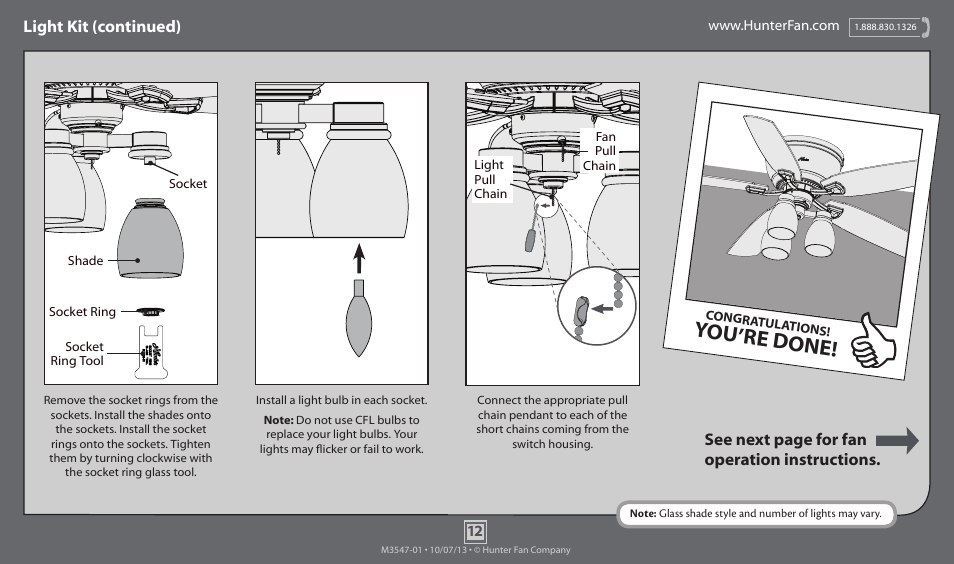 You’re done, Light kit (continued), See next page for fan operation instructions | Hunter 59543 52 Macallan User Manual | Page 12 / 14