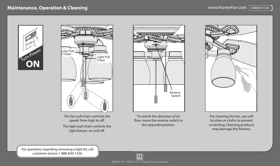 Maintenance, operation & cleaning, Turn p ow er | Hunter 59543 52 Macallan User Manual | Page 13 / 14