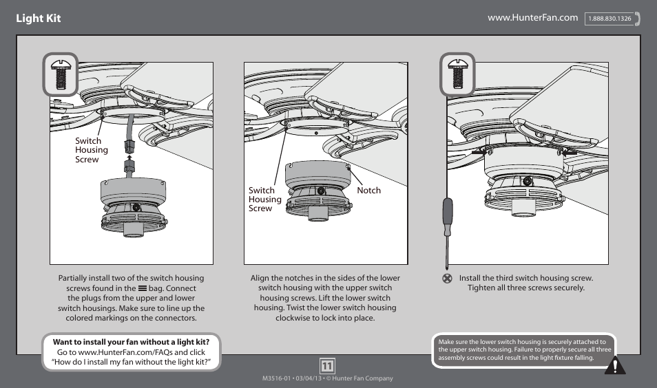 Light kit | Hunter 53075 52 Low Profile III Plus User Manual | Page 11 / 14