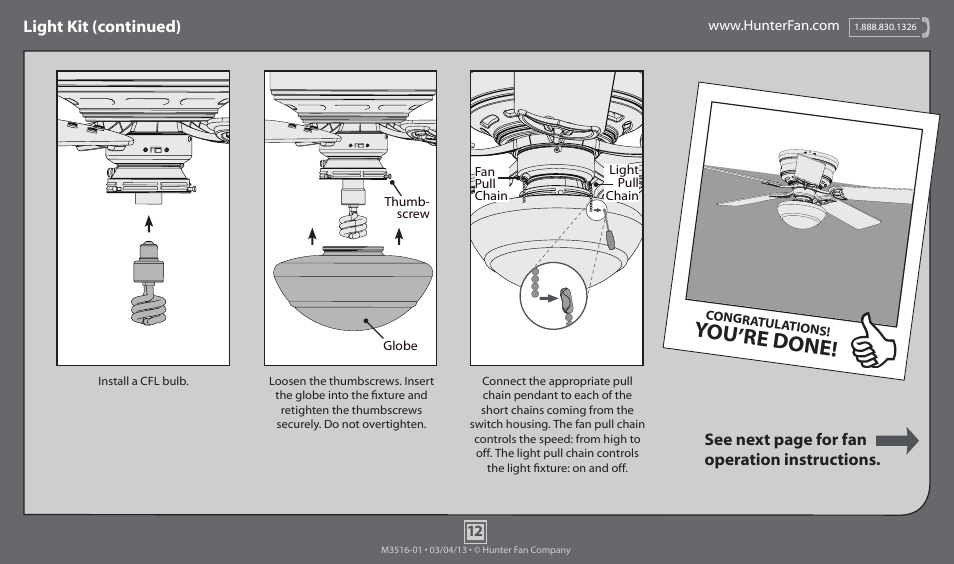You’re done, Light kit (continued), See next page for fan operation instructions | Hunter 53075 52 Low Profile III Plus User Manual | Page 12 / 14