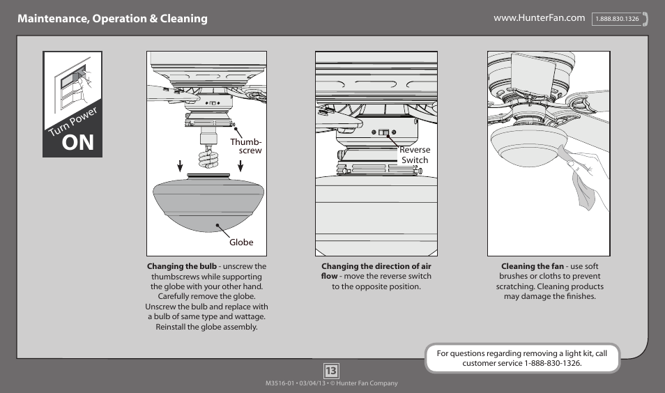 Maintenance, operation & cleaning | Hunter 53075 52 Low Profile III Plus User Manual | Page 13 / 14