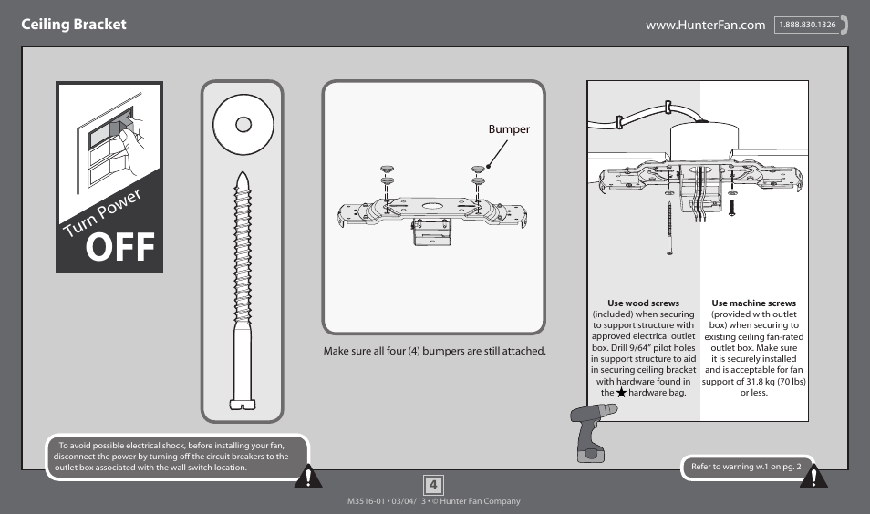 Turn p ow er, Ceiling bracket | Hunter 53075 52 Low Profile III Plus User Manual | Page 4 / 14