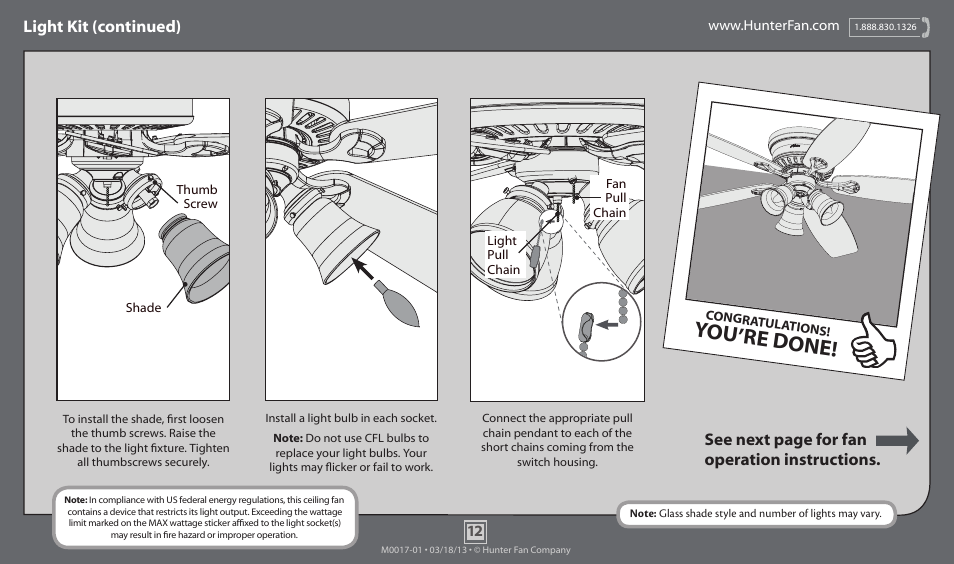 You’re done, Light kit (continued), See next page for fan operation instructions | Hunter 52044 52 Low Profile User Manual | Page 12 / 14