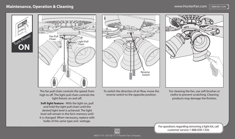 Maintenance, operation & cleaning, Turn p ow er | Hunter 52044 52 Low Profile User Manual | Page 13 / 14