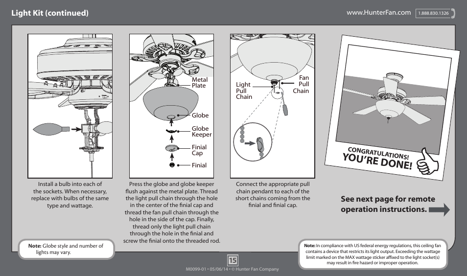 You’re done, Light kit (continued), See next page for remote operation instructions | Hunter 52123 52 Masterson User Manual | Page 15 / 19