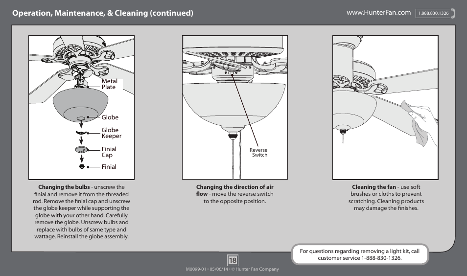 Operation, maintenance, & cleaning (continued) | Hunter 52123 52 Masterson User Manual | Page 18 / 19