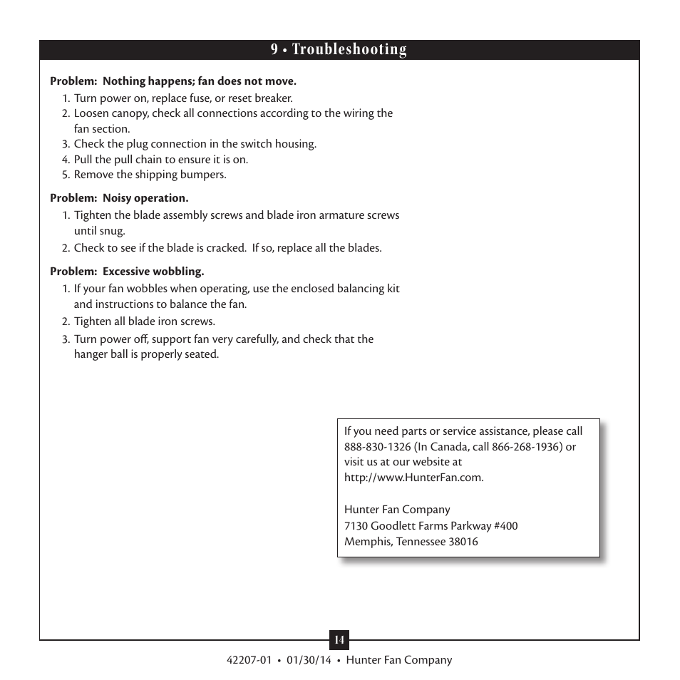9 • troubleshooting | Hunter 28803 52 Orchard Park User Manual | Page 14 / 14