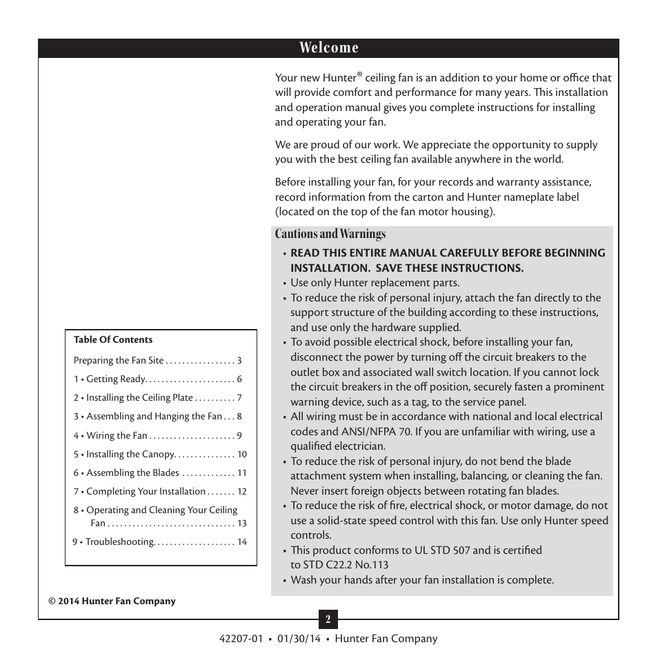 Welcome, Cautions and warnings | Hunter 28803 52 Orchard Park User Manual | Page 2 / 14