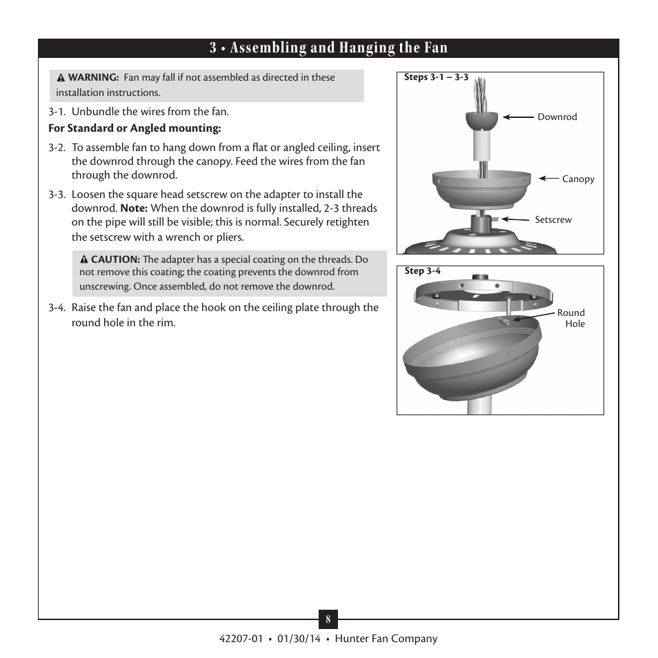 3 • assembling and hanging the fan | Hunter 28803 52 Orchard Park User Manual | Page 8 / 14