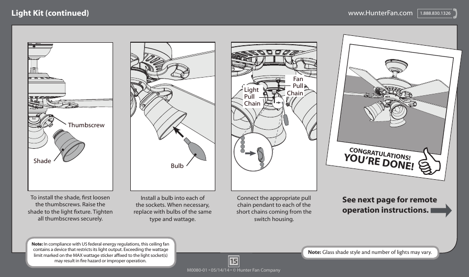 You’re done, Light kit (continued), See next page for remote operation instructions | Hunter 52099 52 Newcastle User Manual | Page 15 / 19
