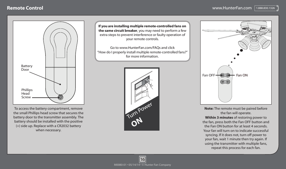 Turn p ow er, Remote control | Hunter 52099 52 Newcastle User Manual | Page 16 / 19